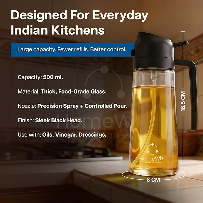 HomeWiz Oil Dispenser For Kitchen Glass Bottle 500 ml | 3-in-1 Mode Oil Sprayer, Cooking, Salad & BBQ | Stream, Spray & Pour Mist | Precision Refillable Bottle for Olive & Vinegar | Leakproof | Black