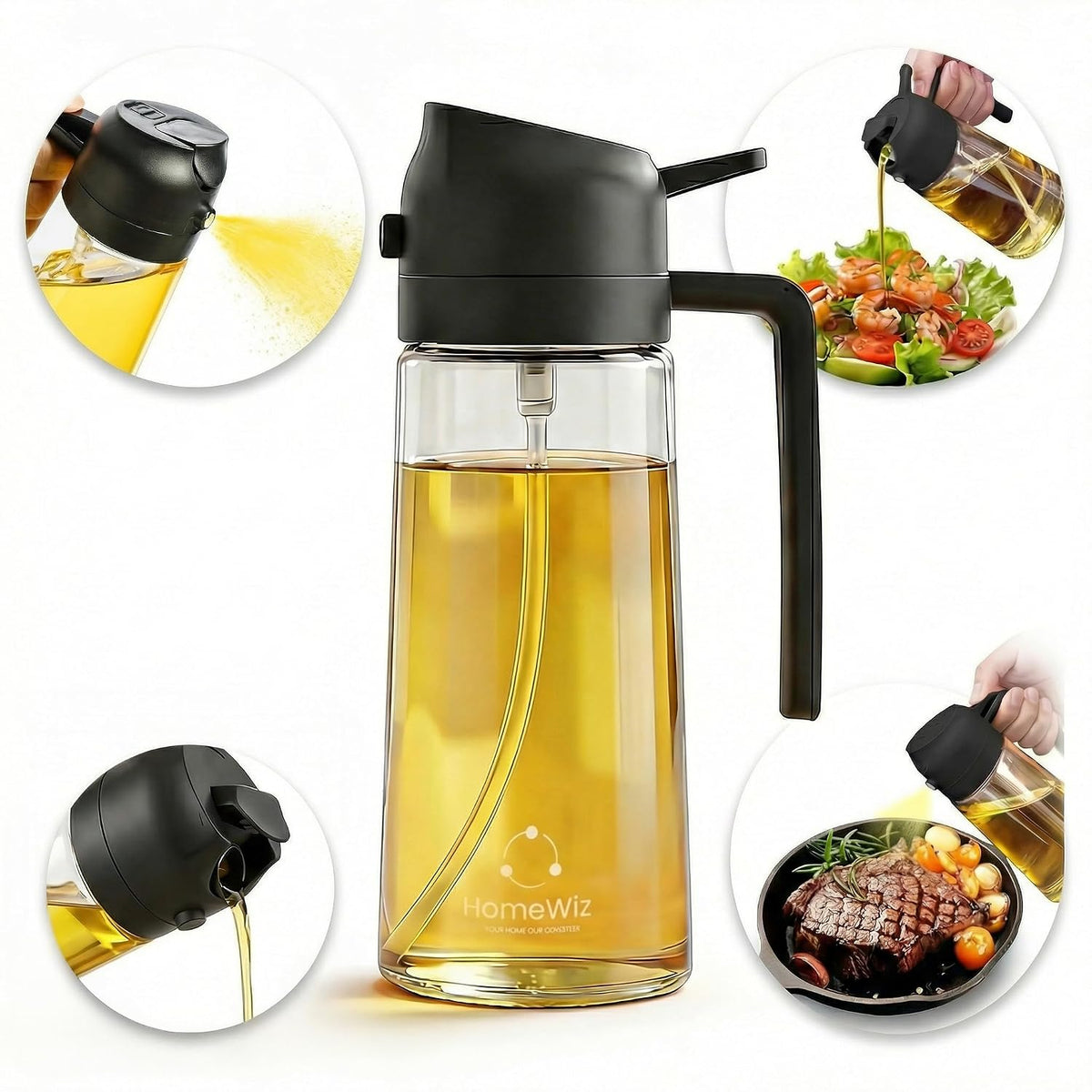 HomeWiz Oil Dispenser For Kitchen Glass Bottle 500 ml | 3-in-1 Mode Oil Sprayer, Cooking, Salad & BBQ | Stream, Spray & Pour Mist | Precision Refillable Bottle for Olive & Vinegar | Leakproof | Black